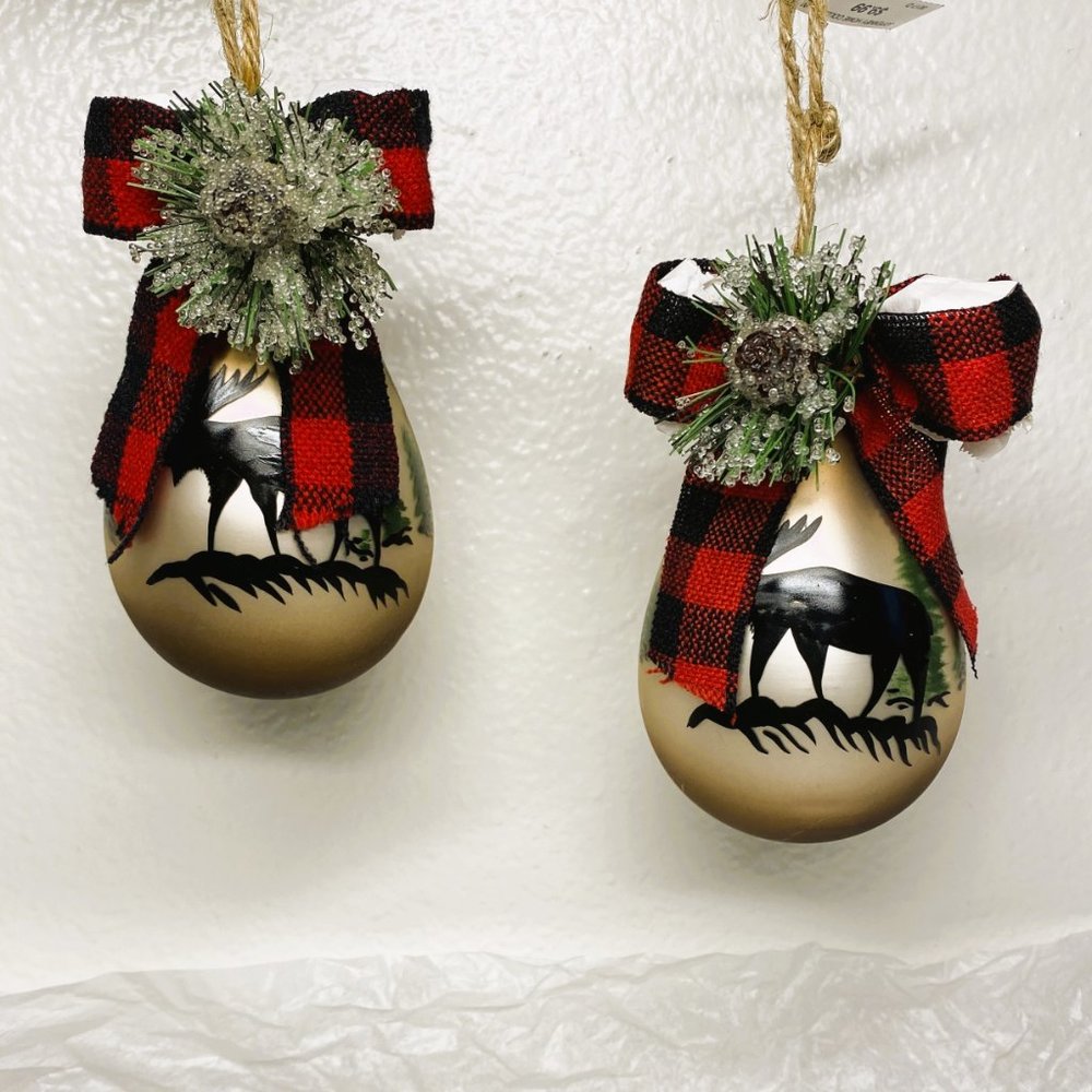 Brown Glass Teardrop Christmas Ornaments W Moose N Trees Design Set of 2 NWT